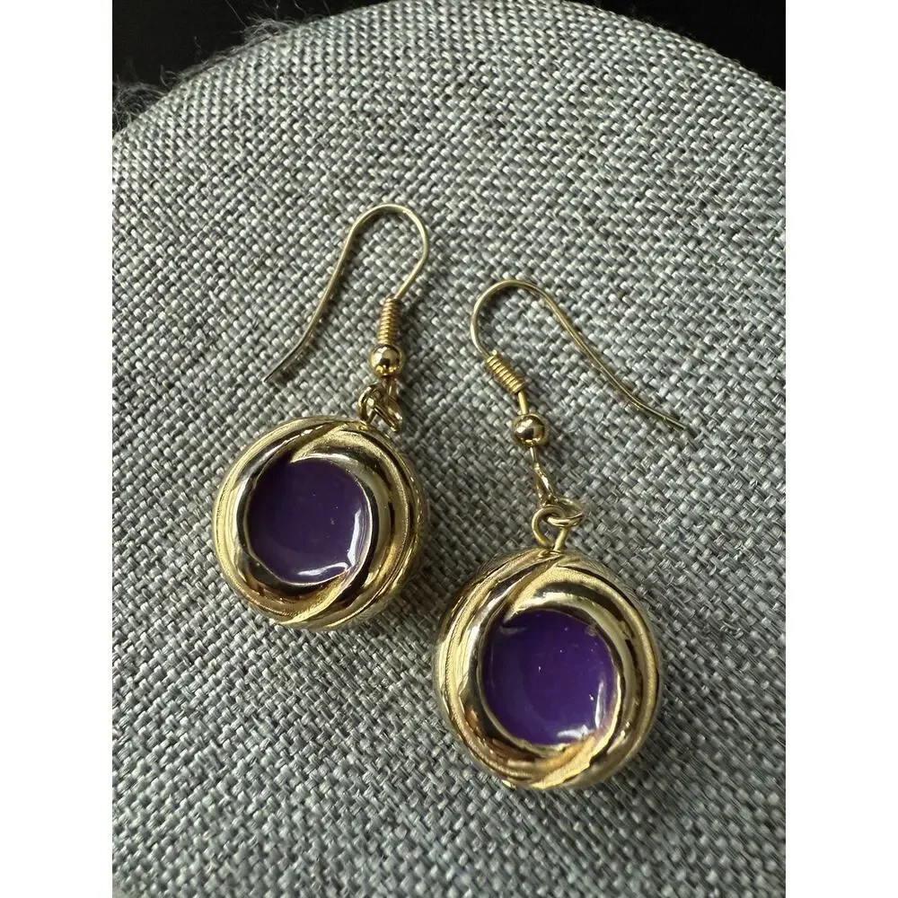 Vintage Enamel Round Hook Earrings Gold Tone Purple Pierced Career Workwear
